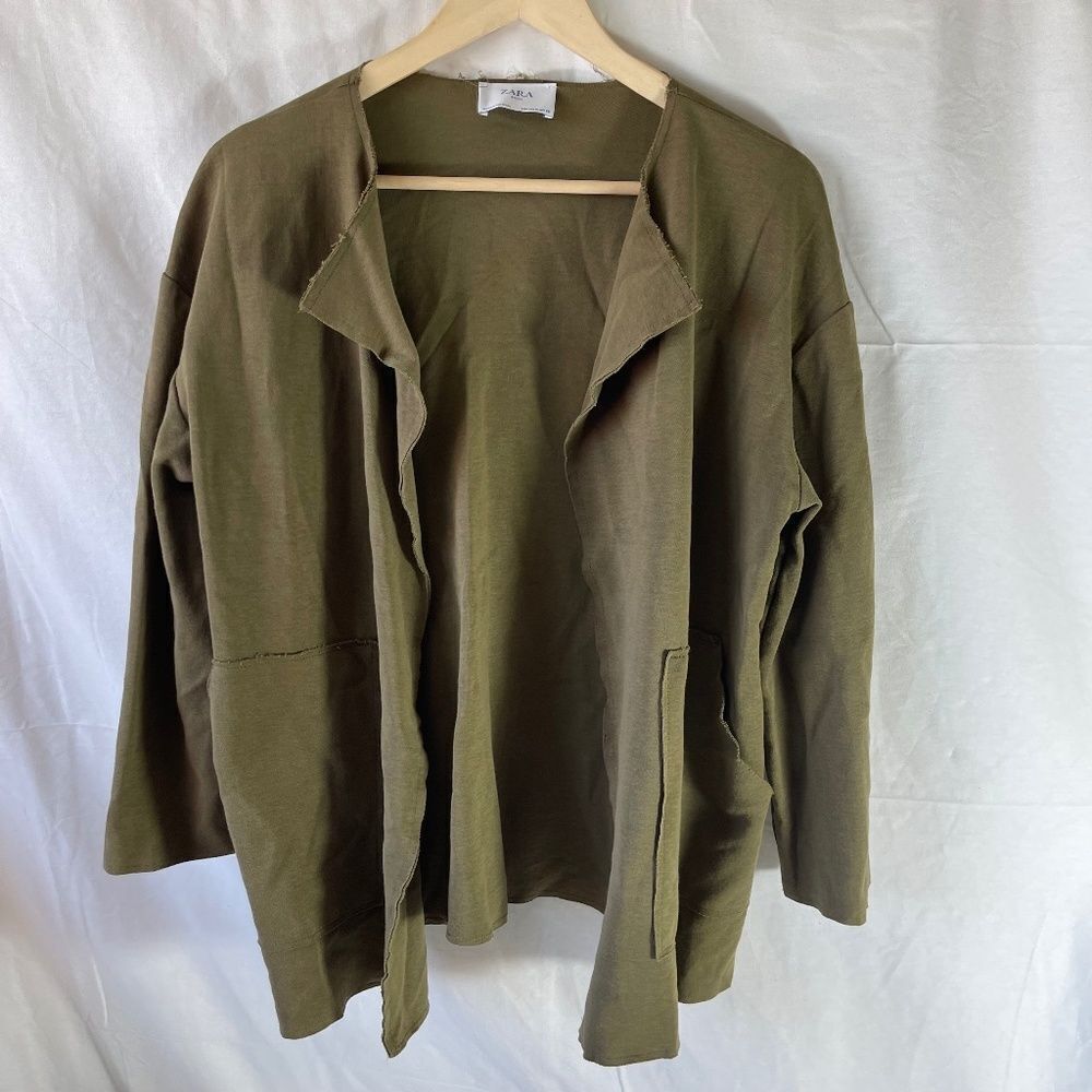 Zara Basic Military Green Raw Trim/Raw Hem Open Cardigan‎ Sz M